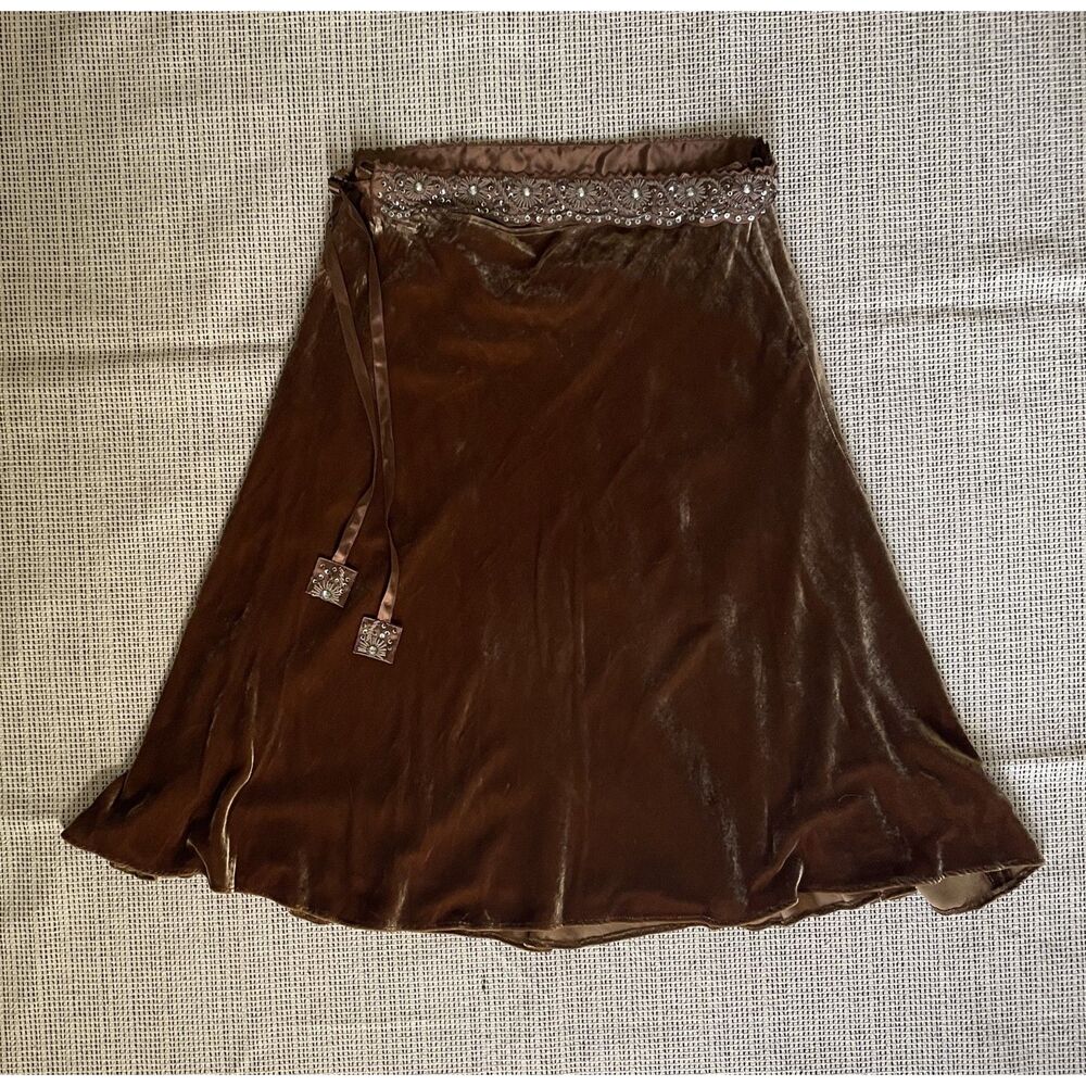 Women Boho Y2K Velvet Midi Skirt Brown Embroidered Fairycore Flowy Silk Blend